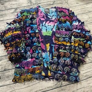 Paula Sweet Muslin Mink Art To Wear Vtg Fringe‎ Cardigan Sweater Colorblock